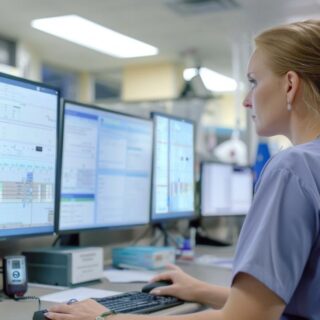 Registered nurse reviews patient charts on a computer monitor at nursing station