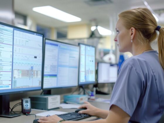 Registered nurse reviews patient charts on a computer monitor at nursing station