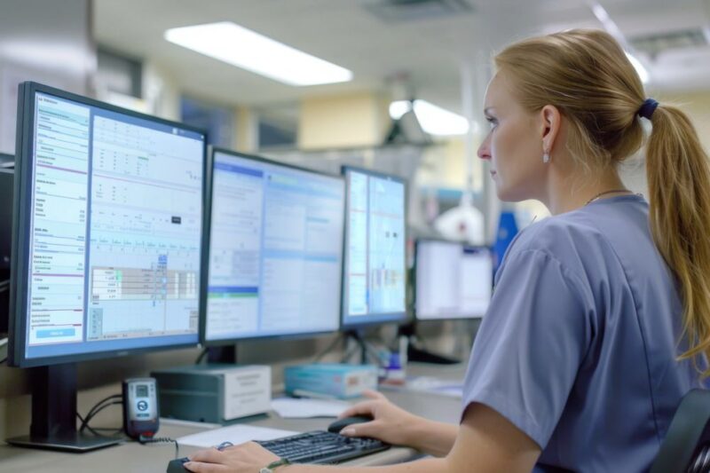 Registered nurse reviews patient charts on a computer monitor at nursing station